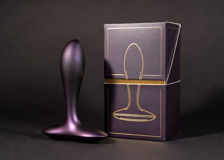 Premium custom packaging for a sleek silicone dildo with elegant minimalist luxury box design