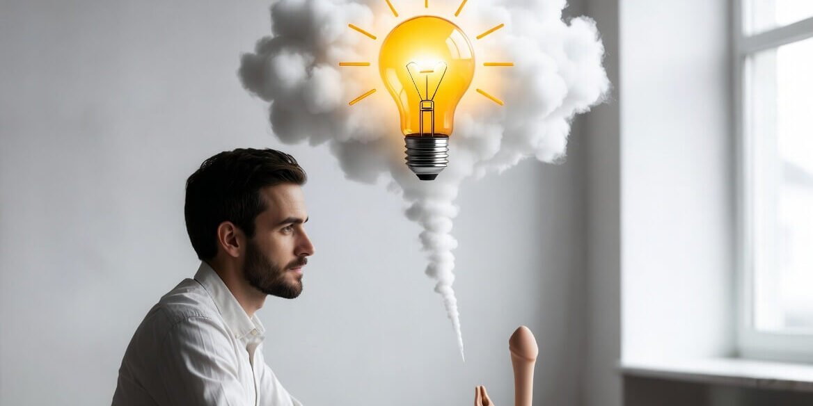 From idea to adult toy prototype: Inventor with lightbulb thought bubble and physical product on desk