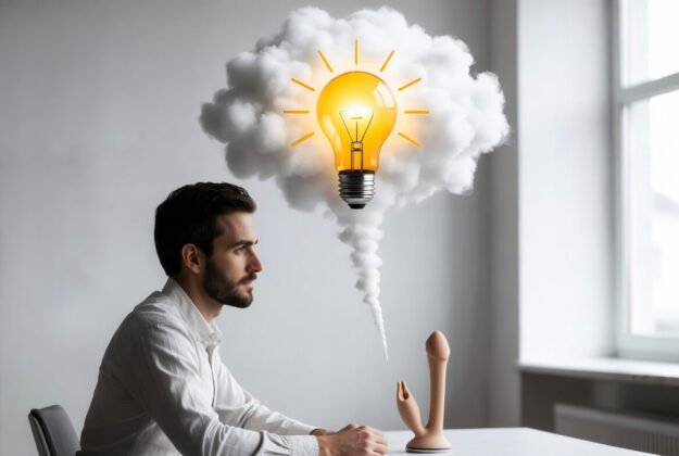 From idea to adult toy prototype: Inventor with lightbulb thought bubble and physical product on desk