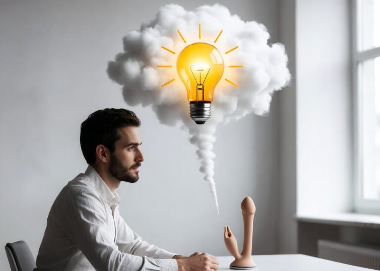 From idea to adult toy prototype: Inventor with lightbulb thought bubble and physical product on desk