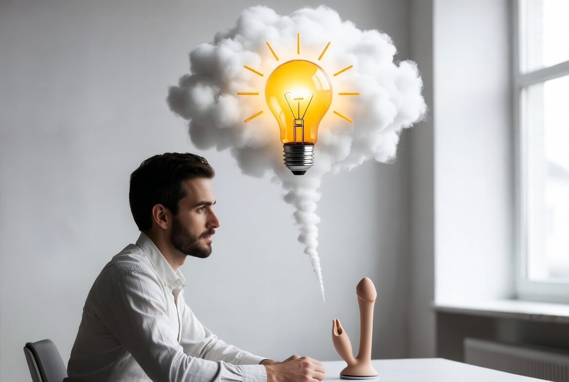 From idea to adult toy prototype: Inventor with lightbulb thought bubble and physical product on desk