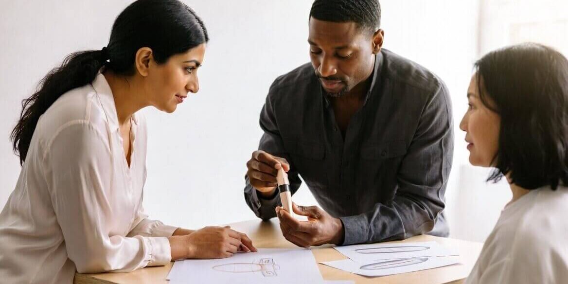 3XKYu (1) (1) (1) Diverse sexual wellness professionals collaborating on custom intimate product design, reviewing sketches and prototypes in a modern studio
