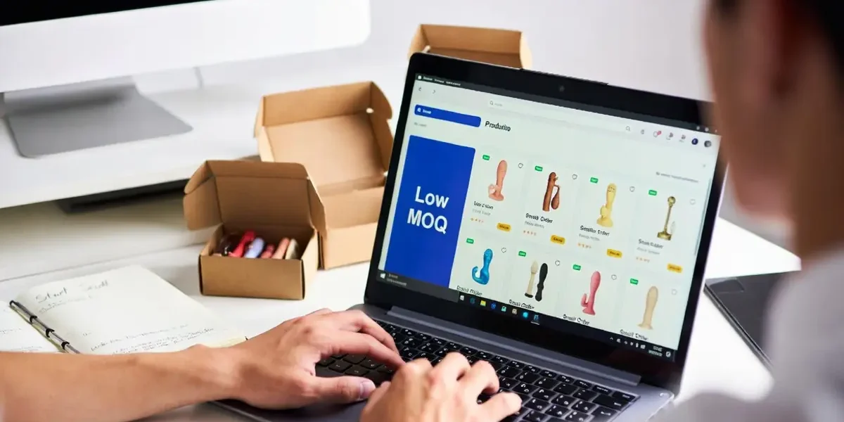 Laptop with e-commerce dashboard and plain shipping boxes for zero inventory adult toy dropshipping