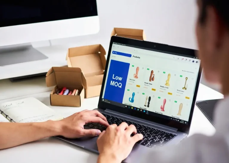 Laptop with e-commerce dashboard and plain shipping boxes for zero inventory adult toy dropshipping