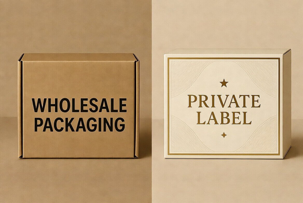 Clean illustration showing contrast between standard wholesale and premium private label packaging for profitable adult toy assortments