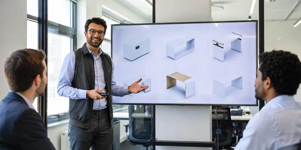 External R&D partner presenting simple 3D product concepts to internal product development team