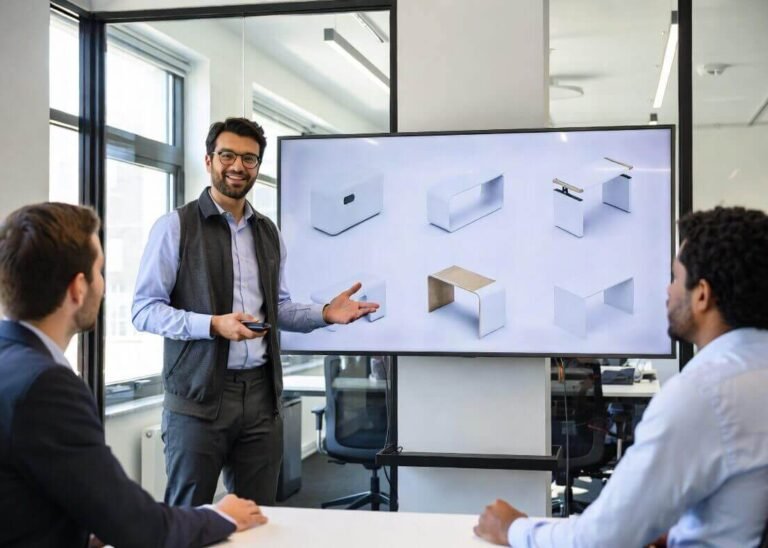 External R&D partner presenting simple 3D product concepts to internal product development team