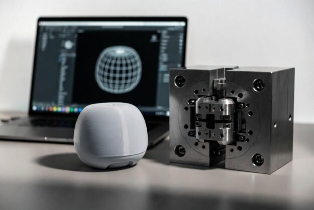 3D printed prototype next to steel mold with CAD design on laptop for adult toy product development