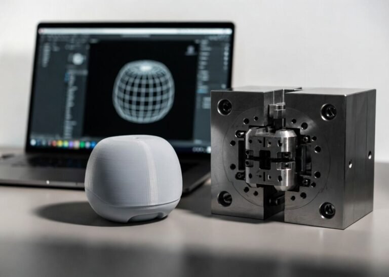 3D printed prototype next to steel mold with CAD design on laptop for adult toy product development