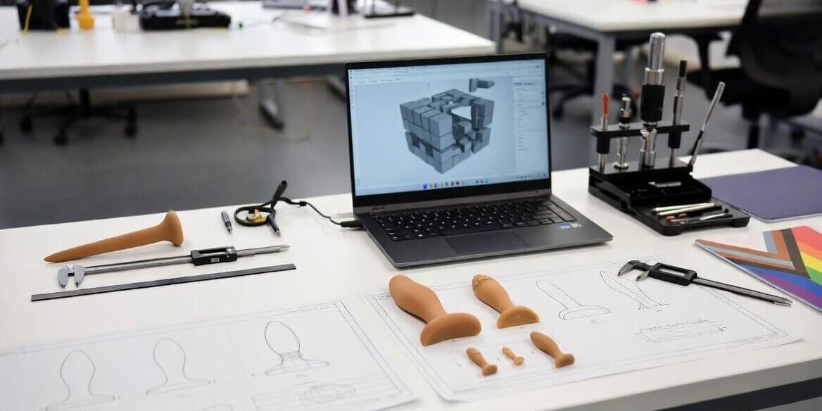 lKT2E (1) (1) Custom non-standard product prototypes with technical drawings, 3D design on laptop and precision tools on modern studio table – challenges finding specialized manufacturers for niche LGBTQ adult products