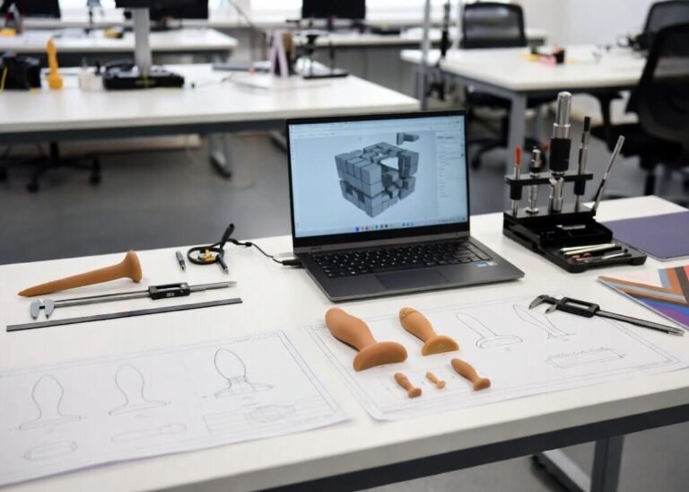 Custom non-standard product prototypes with technical drawings, 3D design on laptop and precision tools on modern studio table – challenges finding specialized manufacturers for niche LGBTQ adult products