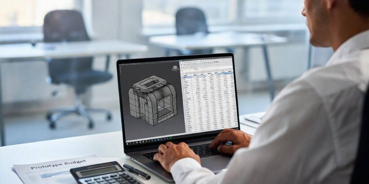 Product developer reviewing prototype cost breakdown and 3D model on laptop with budget documents