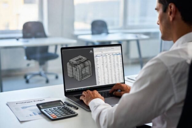 leTjn (1) Product developer reviewing prototype cost breakdown and 3D model on laptop with budget documents