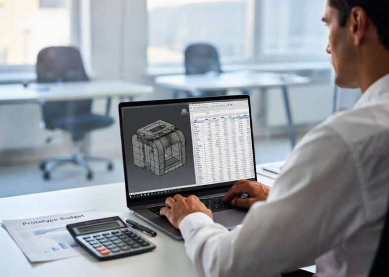 Product developer reviewing prototype cost breakdown and 3D model on laptop with budget documents