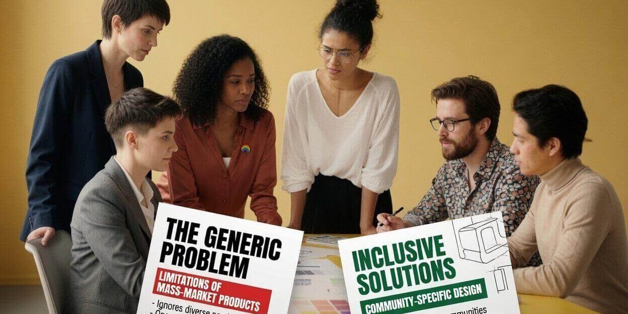 Diverse LGBTQ+ team professionally discussing the problem with generic adult toys and community-specific inclusive design solutions in a modern studio