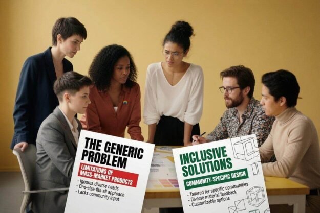 Diverse LGBTQ+ team professionally discussing the problem with generic adult toys and community-specific inclusive design solutions in a modern studio