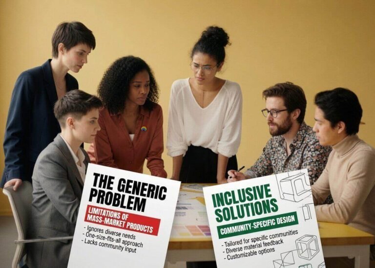 Diverse LGBTQ+ team professionally discussing the problem with generic adult toys and community-specific inclusive design solutions in a modern studio