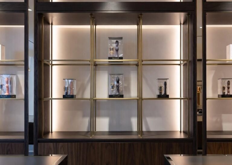 "Elegant shelves displaying adult toys in a retail adult toy store showcasing diverse product collections