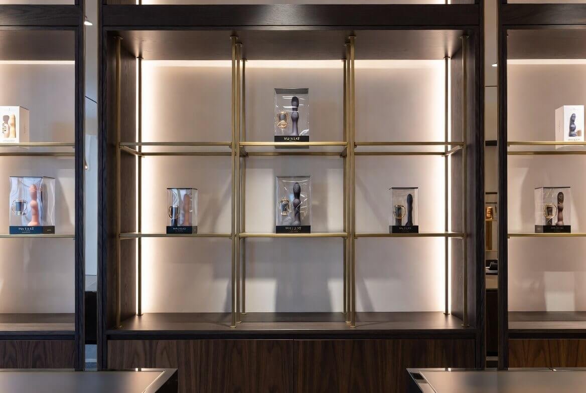 "Elegant shelves displaying adult toys in a retail adult toy store showcasing diverse product collections