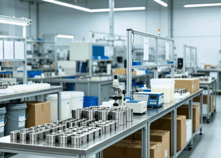 OEM ODM silicone adult toy factory workshop, metal injection molds and quality inspection station for custom product manufacturing