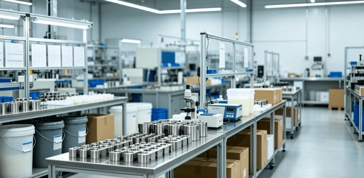 OEM ODM silicone adult toy factory workshop, metal injection molds and quality inspection station for custom product manufacturing
