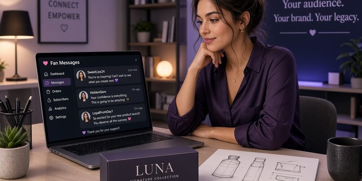 KWP8y (1) Content creator reviewing fan feedback on laptop while planning to launch her own adult product brand