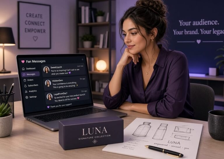 Content creator reviewing fan feedback on laptop while planning to launch her own adult product brand