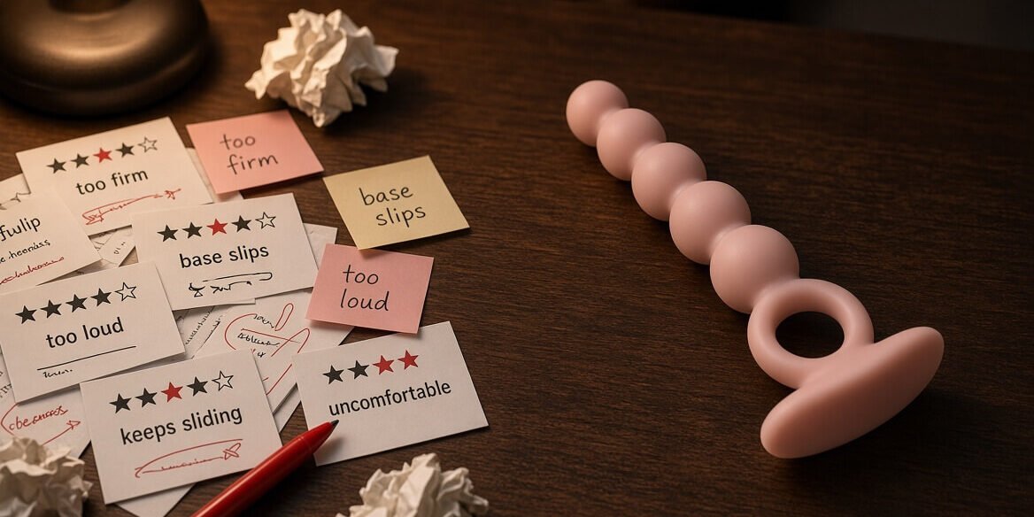 One-star sex toy reviews and complaint notes beside a finished silicone anal beads prototype
