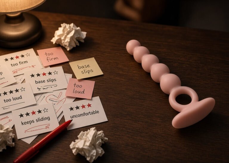 One-star sex toy reviews and complaint notes beside a finished silicone anal beads prototype