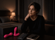 Adult content creator at a hotel desk with a sealed black box, phone comments, and two pink silicone adult toys before deciding what to promote.