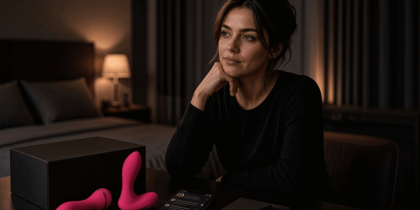 Adult content creator at a hotel desk with a sealed black box, phone comments, and two pink silicone adult toys before deciding what to promote.