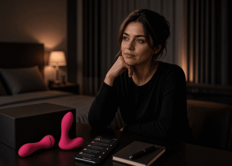 Adult content creator at a hotel desk with a sealed black box, phone comments, and two pink silicone adult toys before deciding what to promote.
