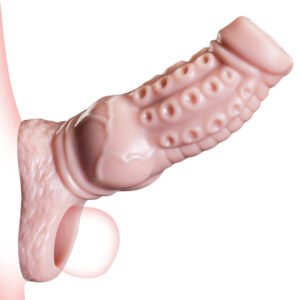open tip octopus penis sleeve with sucker texture and exposed glans, liquid silicone, base ring