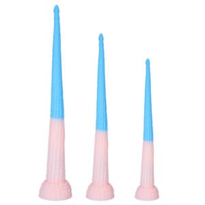 Three sizes of corn cob textured tentacle dildo in pink and blue two-tone