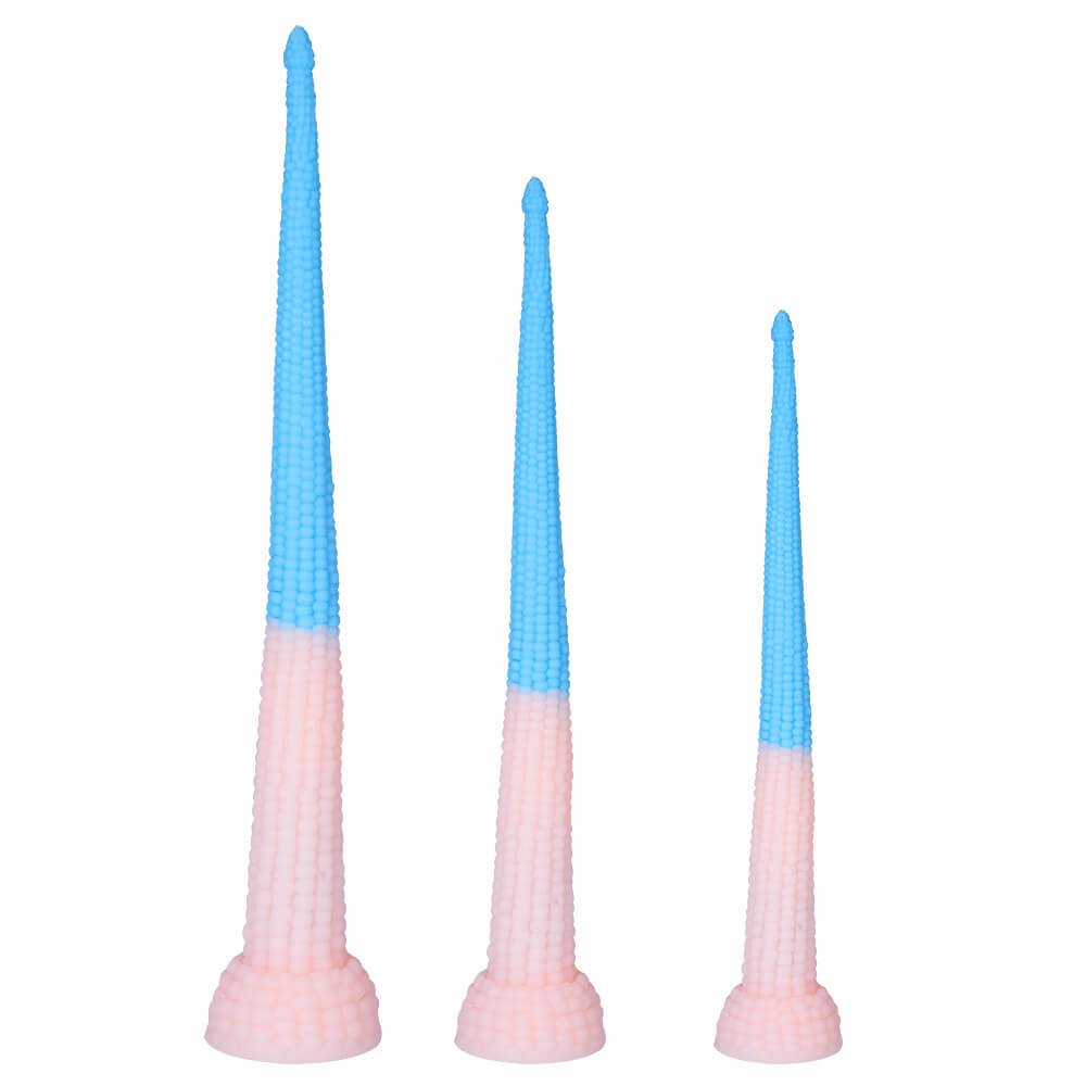 Three sizes of corn cob textured tentacle dildo in pink and blue two-tone