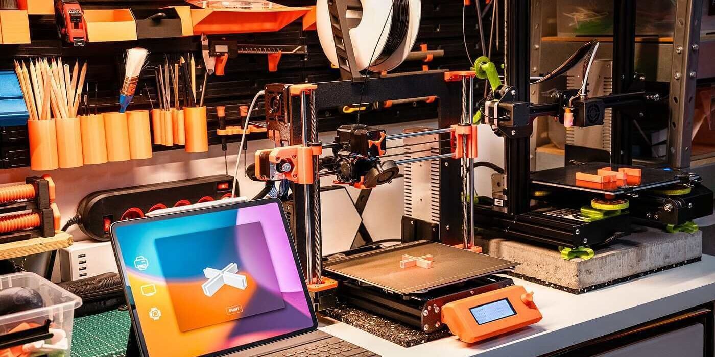 Startup desk with 3D model on tablet and desktop 3D printers making a low-cost product prototype
