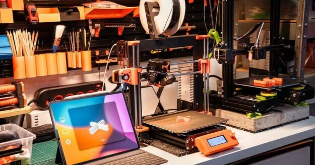Startup desk with 3D model on tablet and desktop 3D printers making a low-cost product prototype