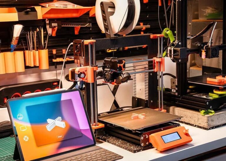 Startup desk with 3D model on tablet and desktop 3D printers making a low-cost product prototype