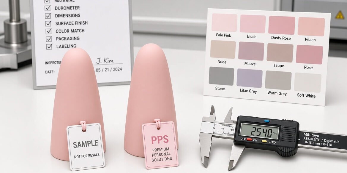 Approved silicone sample next to PPS unit on a factory QC bench with calipers and checklist