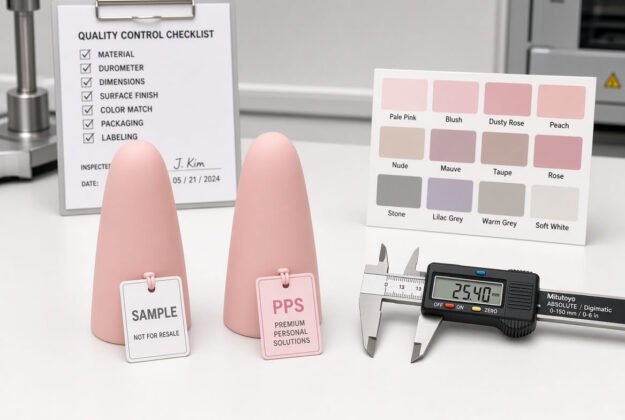 Approved silicone sample next to PPS unit on a factory QC bench with calipers and checklist