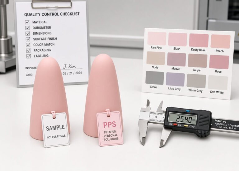 Approved silicone sample next to PPS unit on a factory QC bench with calipers and checklist