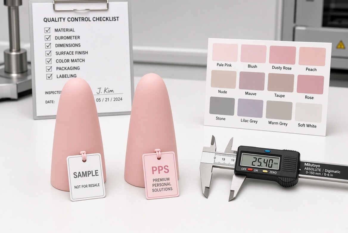 LUkhy (1) Approved silicone sample next to PPS unit on a factory QC bench with calipers and checklist