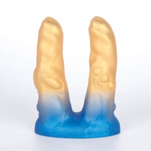 Gold and blue dual shaft fantasy dildo with textured shafts and shared base, private label double ended design