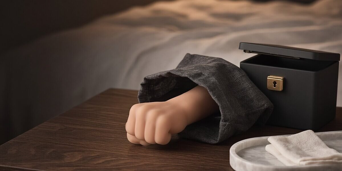 OhqU7 Silicone arm dildo in a linen storage pouch beside a lockable box on a bedroom nightstand