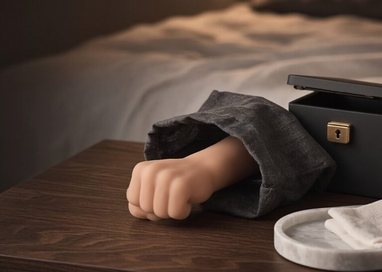 Silicone arm dildo in a linen storage pouch beside a lockable box on a bedroom nightstand