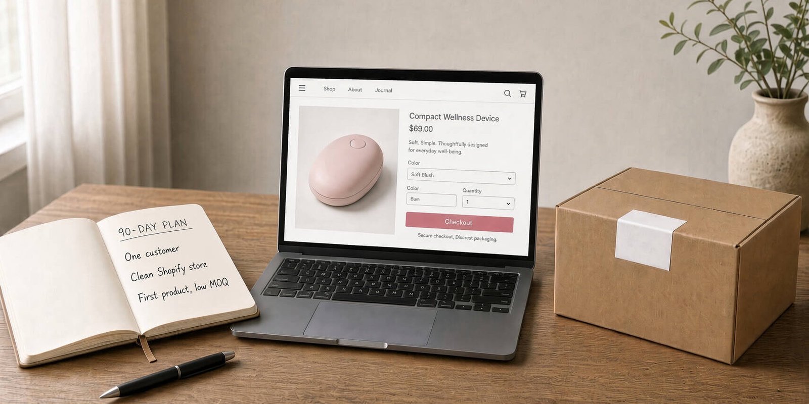 Notebook with a 90-day plan, a laptop showing a Shopify product page, and a discreet shipping box on a desk.