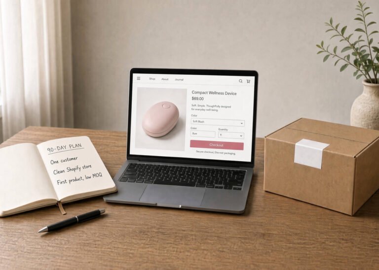 Notebook with a 90-day plan, a laptop showing a Shopify product page, and a discreet shipping box on a desk.