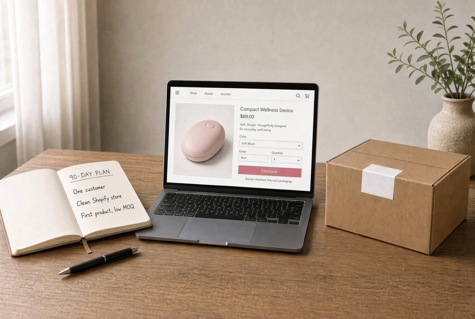 gUww0 (1) Notebook with a 90-day plan, a laptop showing a Shopify product page, and a discreet shipping box on a desk.